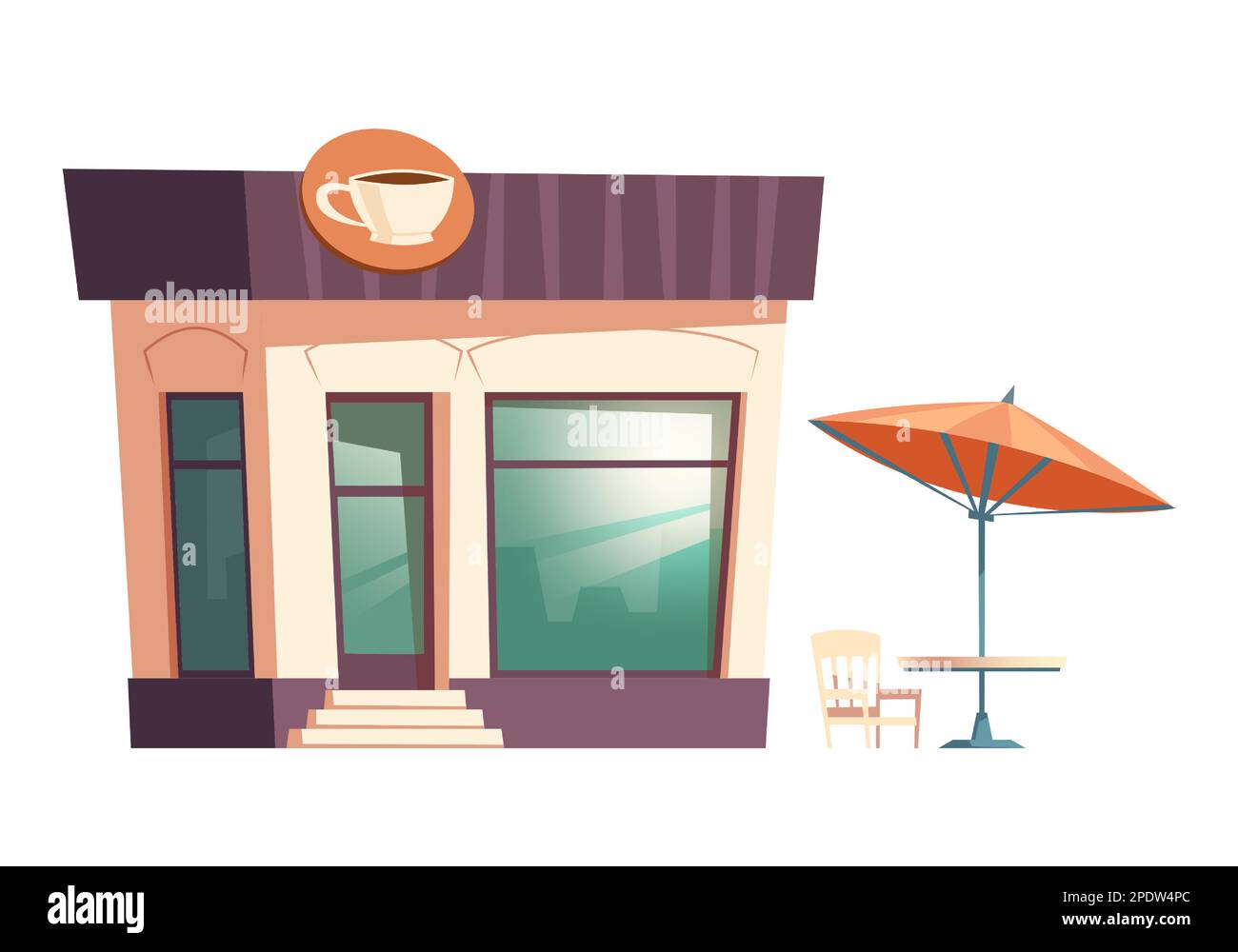 Illustration vectorielle de la création d'un restaurant à café rapide. Façade d'un magasin de restauration et d'un café ou d'un bistro avec panneau de tasse à café, table de rue avec chaise sous parasol, isolée sur blanc Illustration de Vecteur