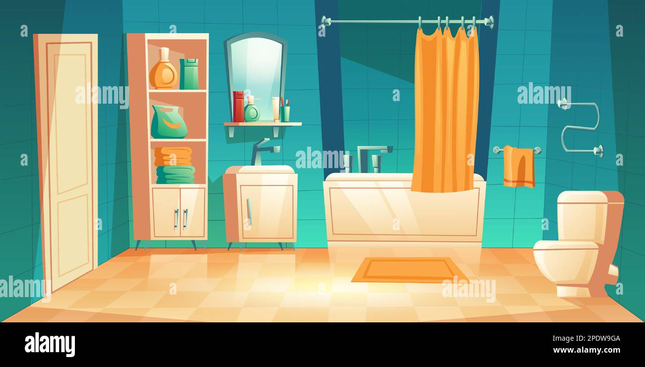 Intérieur moderne de la salle de bains avec mobilier et illustrations vectorielles. Baignoire, lavabo et toilettes, étagères et étagère pour accessoires, porte-serviettes chauffant, miroir sur mur de carreaux bleus, arrière-plan de la maison Illustration de Vecteur
