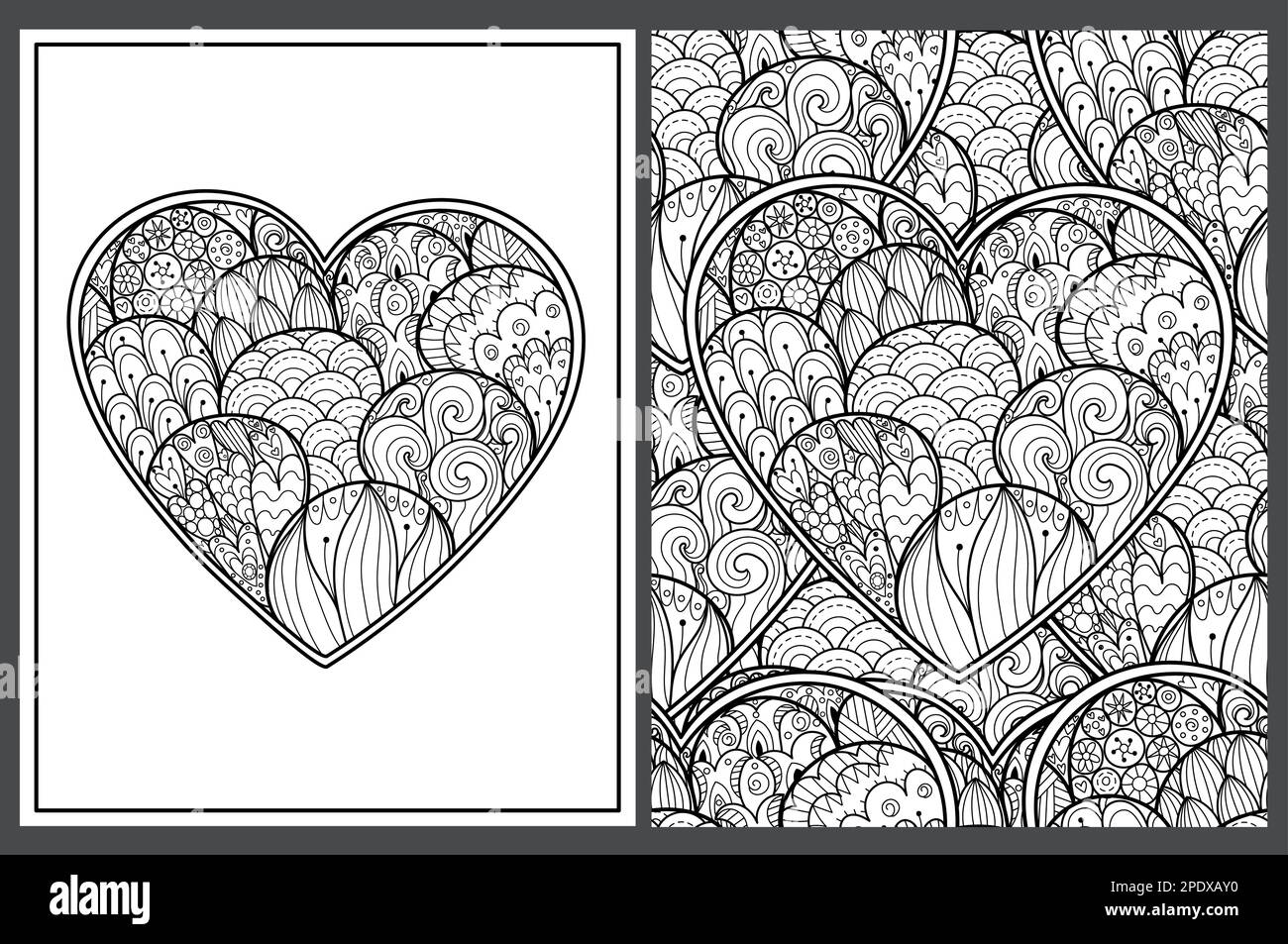 Ensemble de pages de coloriage coeur Doodle avec des personnages mignons. Motifs kawaii noir et blanc Illustration de Vecteur