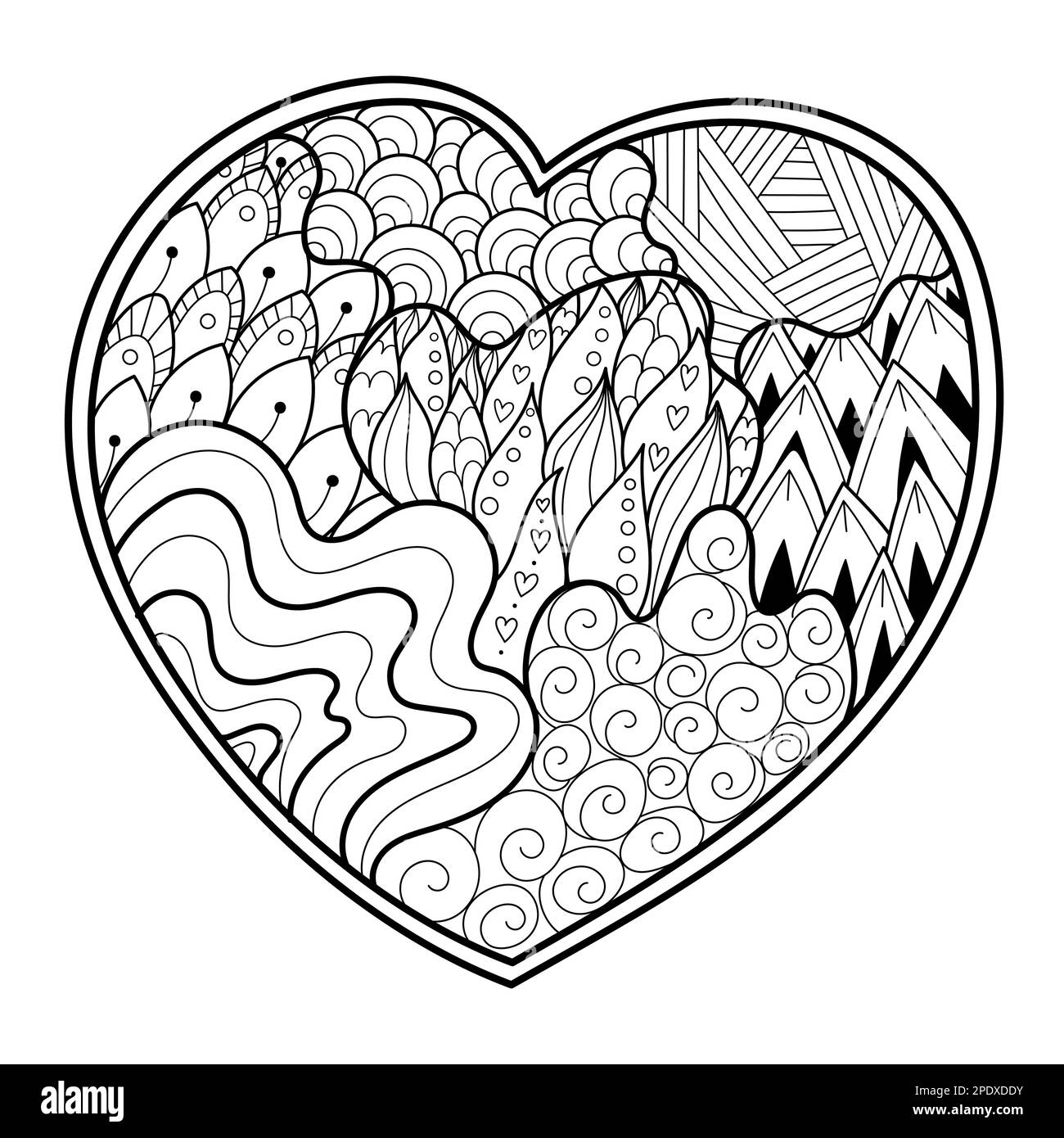 Page de coloriage Doodle Heart. Motif d'amour noir et blanc pour livre de coloriage antistress Illustration de Vecteur