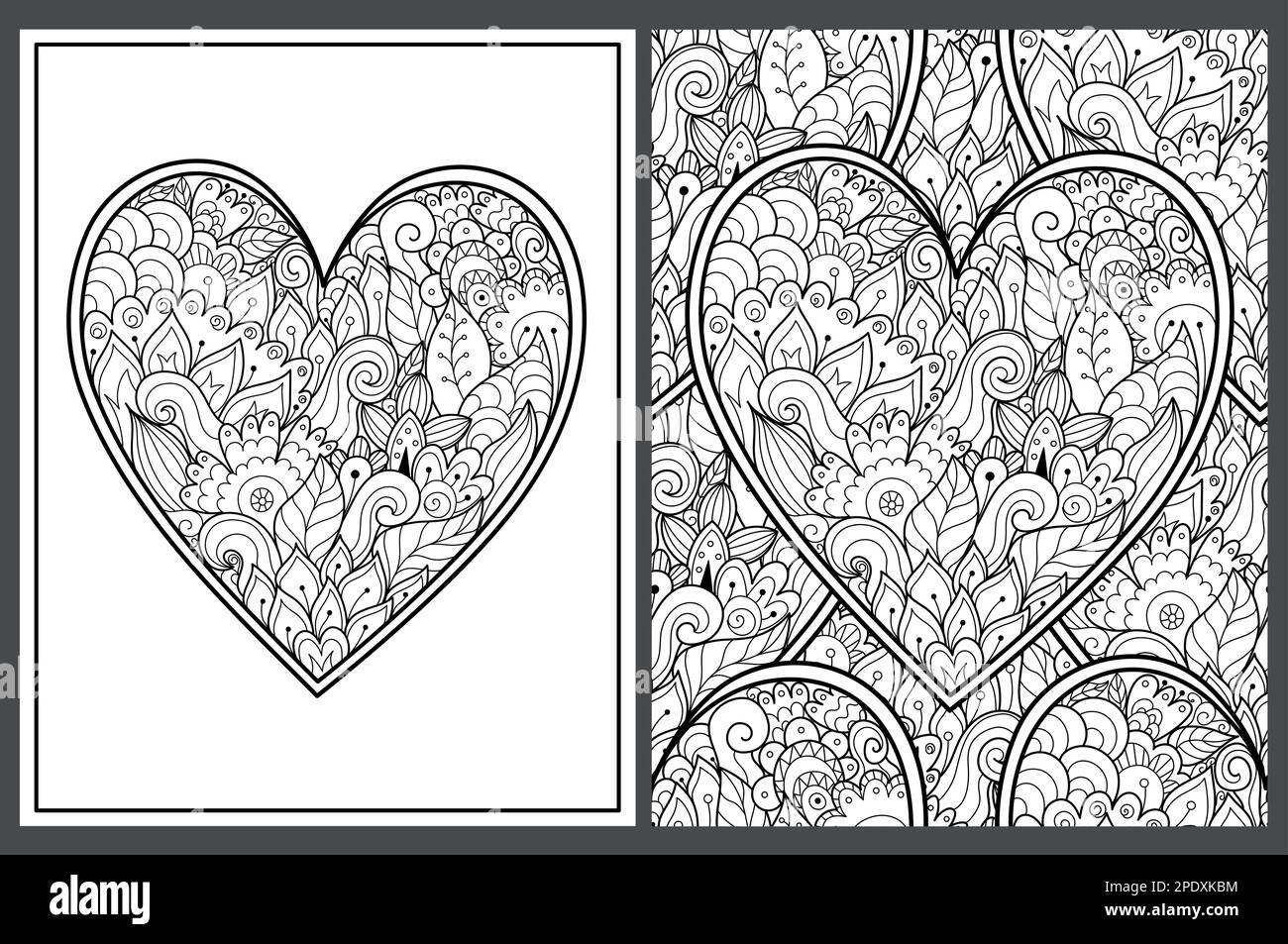 Doodle chats dans la main coeur dessiné forme coloriage pages ensemble. Motif kawaii noir et blanc Illustration de Vecteur