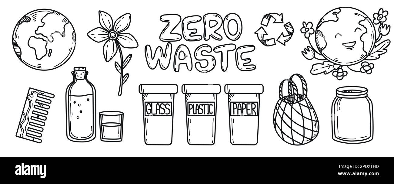 Jeu de caniches sans déchets. Planète Terre dessinée à la main et objets écologiques. Éléments de sac d'épicerie écologique de recyclage, bouteille et pot en verre, peigne en bois et panneau de recyclage. Protection de l'environnement. Illustration de Vecteur