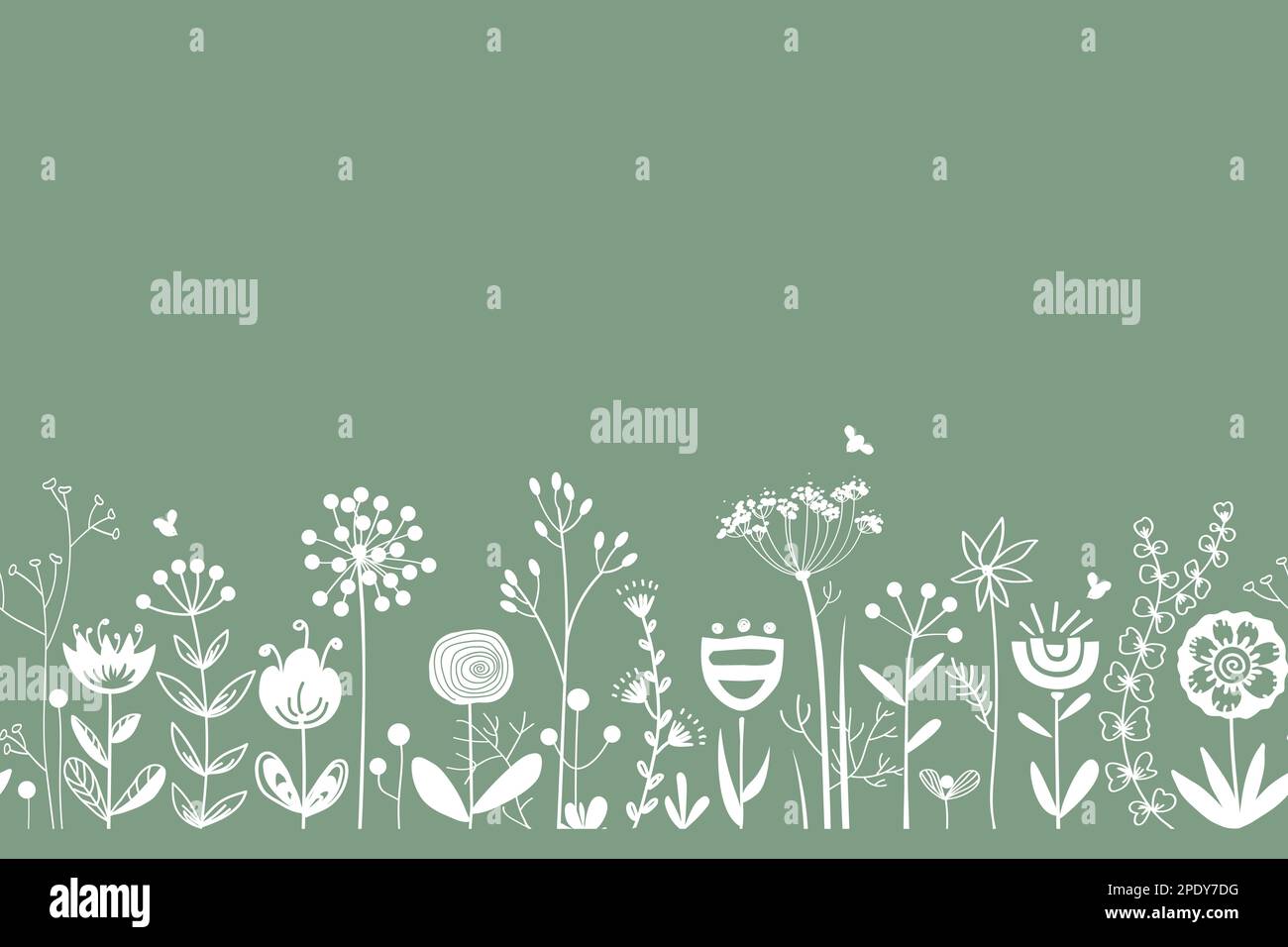 Les silhouettes de fleurs de fées et d'herbes bordent de style scandinave, avec un motif vectoriel sans couture. Toile de fond de la prairie à fleurs Doodle. Design pour cartes Illustration de Vecteur