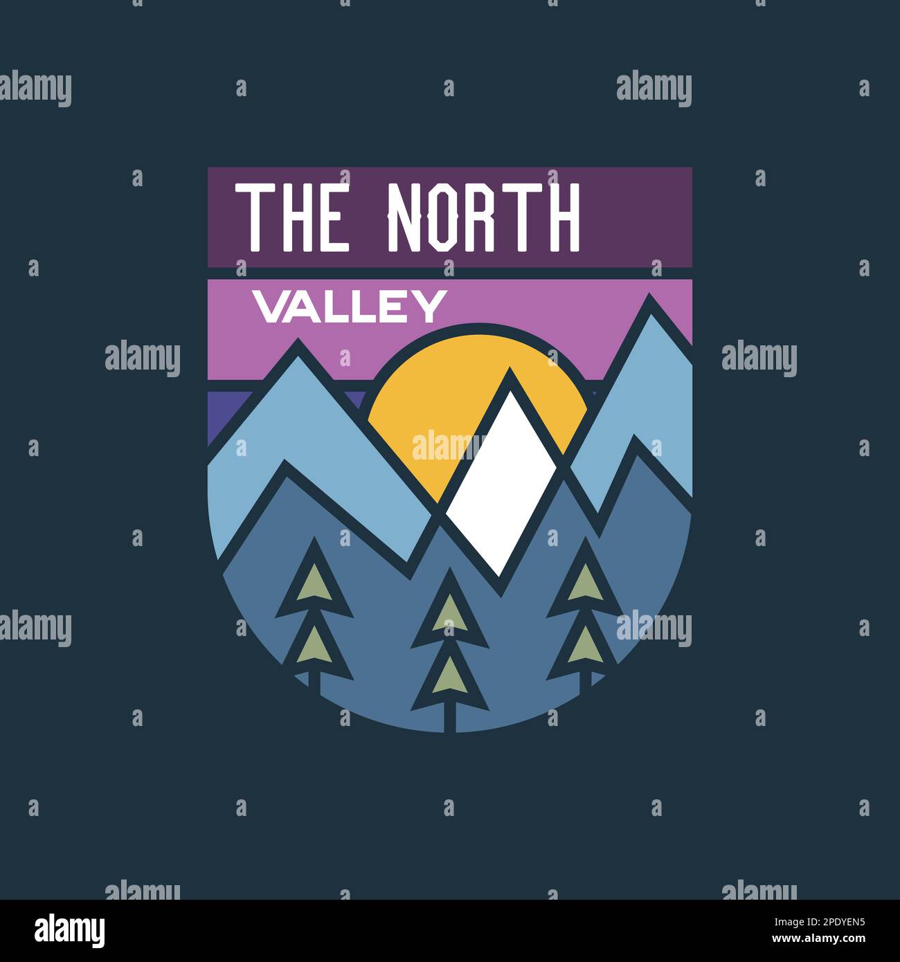 Emblème vintage représentant un motif sur le thème de la nature sauvage, notamment les montagnes et le texte de la vallée du nord. Étiquette de voyage Wanderlust à vecteur de stock Illustration de Vecteur