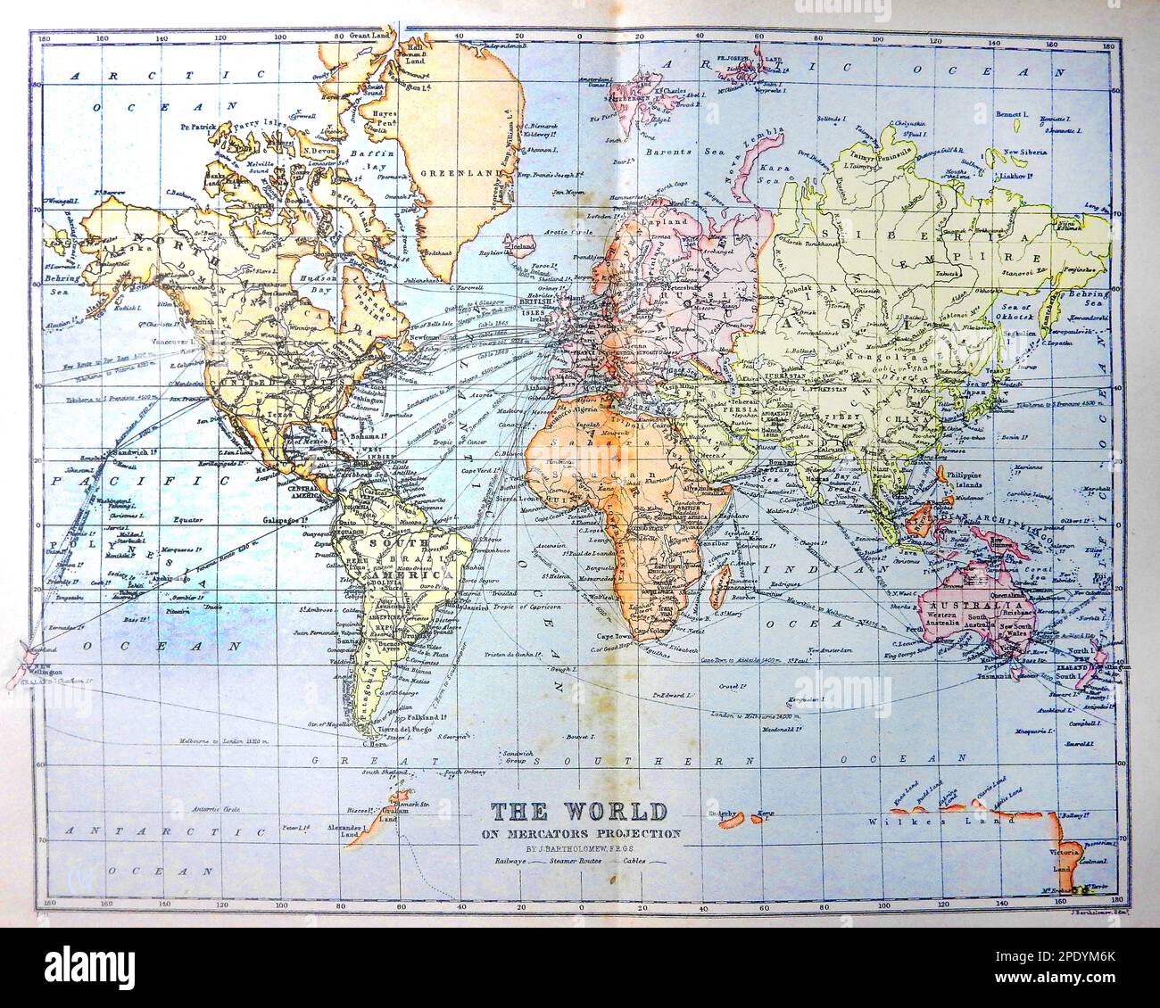 Une carte du monde de la fin du 19th siècle incluant les seules parties découvertes de l'Antarctique. Banque D'Images