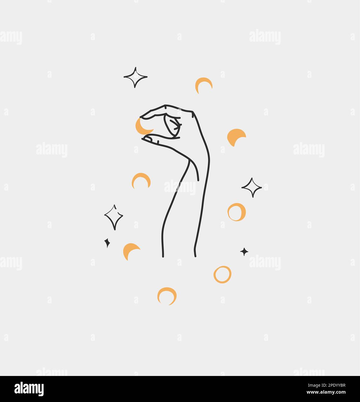 Dessin à la main vecteur résumé contour, graphique, art de ligne magie main humaine avec lune et étoiles logo dans le style minimaliste moderne.Lune et étoiles signe contour Illustration de Vecteur
