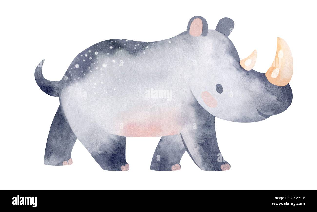 Illustration aquarelle d'un rhinocéros. Illustration d'un animal pour enfants. Carte d'apprentissage. Banque D'Images