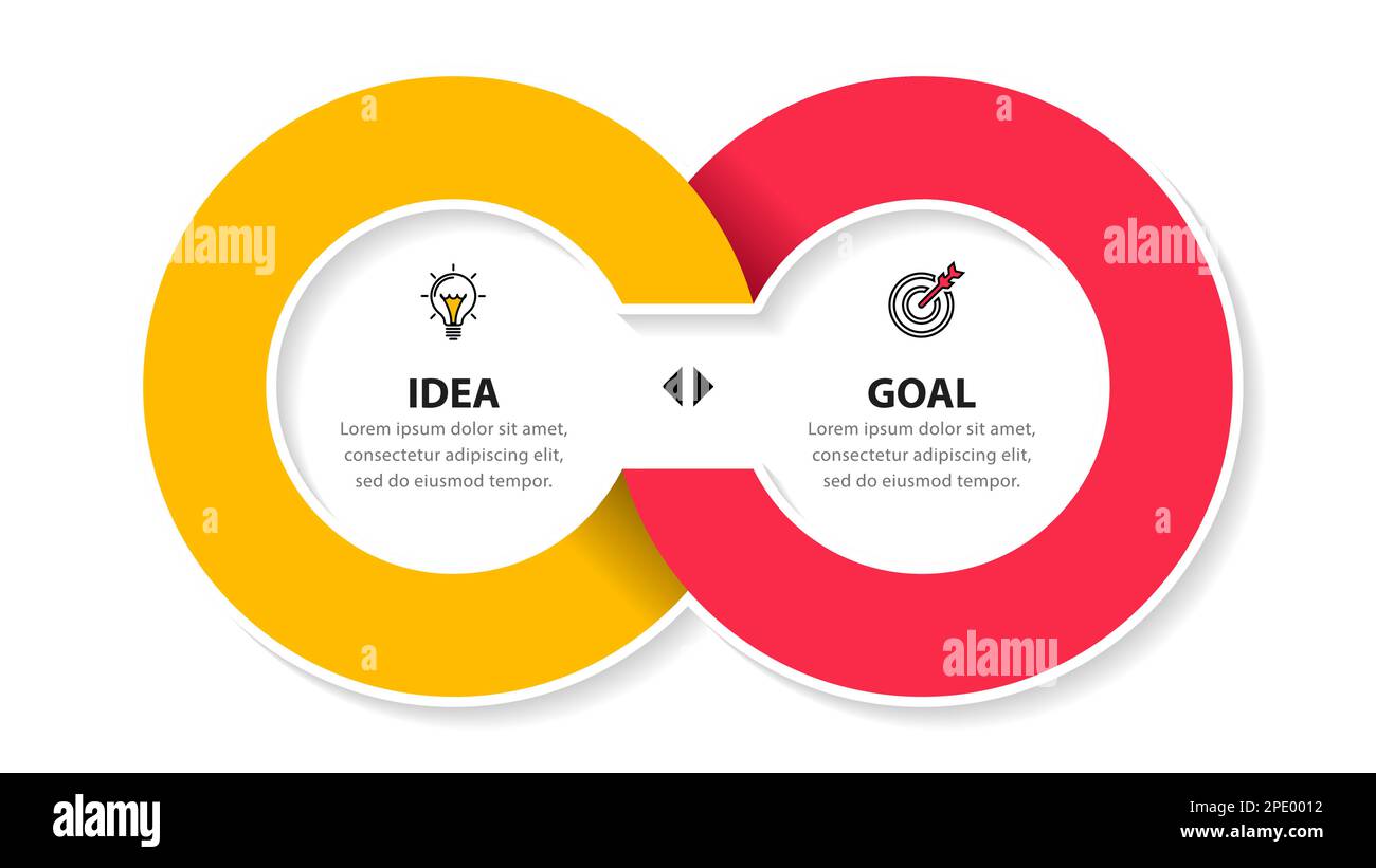 Modèle d'infographie avec icônes et 2 options ou étapes. Deux cercles connectés. Peut être utilisé pour la mise en page de flux de travail, le diagramme, la bannière, la conception Web. Vecteur illu Illustration de Vecteur