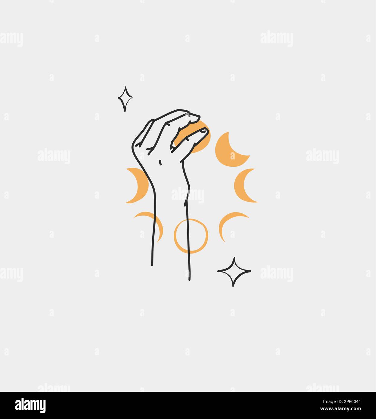 Dessin à la main vecteur résumé contour, graphique, art de ligne magie main humaine avec lune et étoiles logo dans le style minimaliste moderne.Lune et étoiles signe contour Illustration de Vecteur