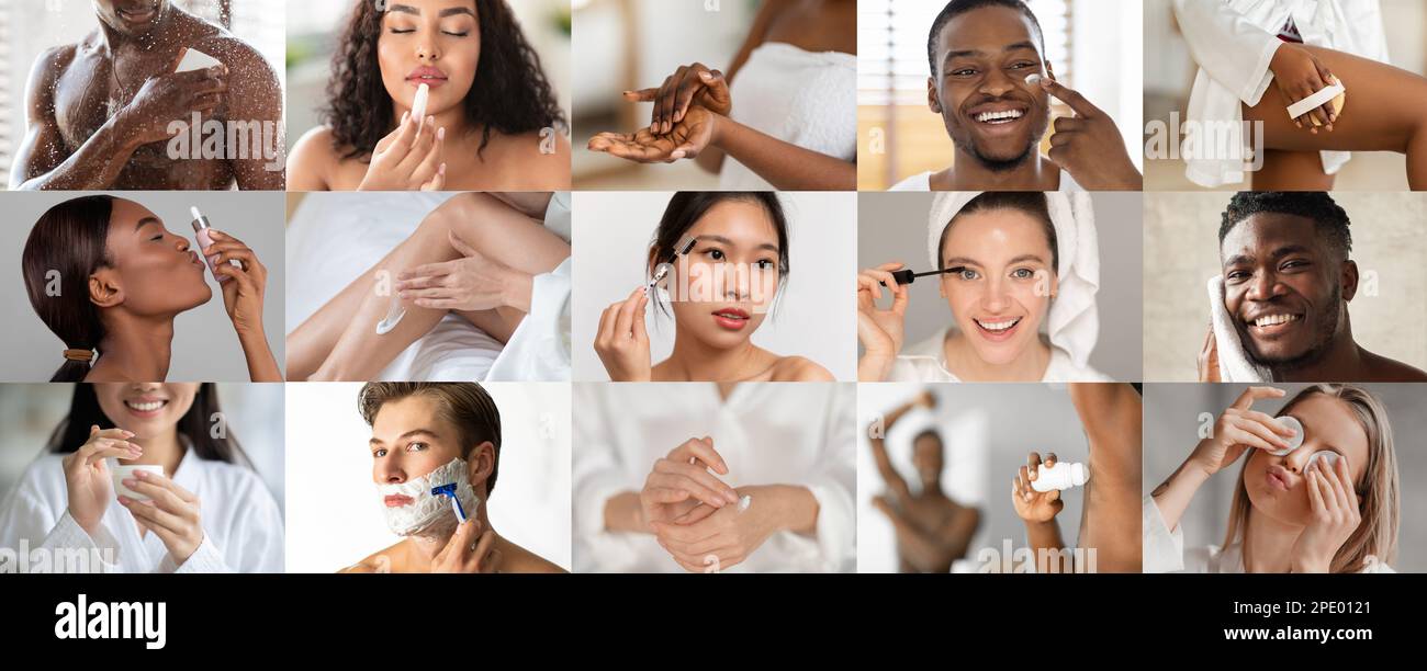 Les jeunes hommes et femmes souriants et multiethniques appliquent de la crème, se masser, prendre la douche, se raser, profiter des soins spa Banque D'Images