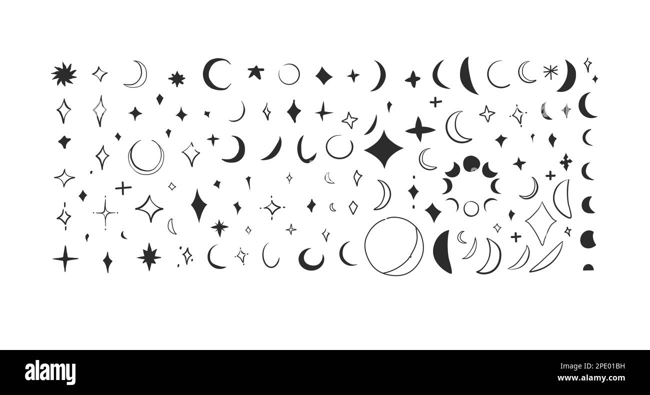 Dessin à la main vecteur résumé illustrations graphiques collection d'icônes ensemble avec des éléments de logo, magie sacrée lune et étoiles silhouettes en simple Illustration de Vecteur