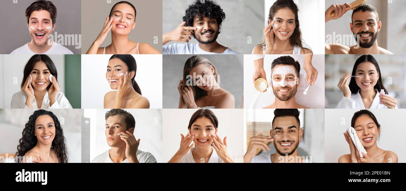 Joyeux jeunes hommes et femmes multiethniques appliquer la crème, le sérum, le masque, peignant les cheveux, profiter des soins spa Banque D'Images