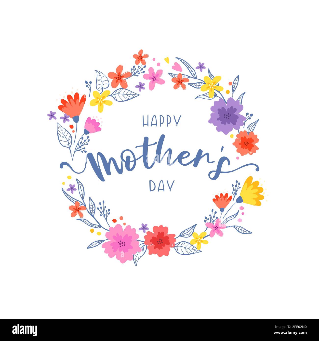 Jolie couronne fleurie dessinée à la main, fleurs en forme de coolé et cadre « Happy Mother's Day », idéal pour les cartes de fête des mères, bannières et fonds d'écran Illustration de Vecteur