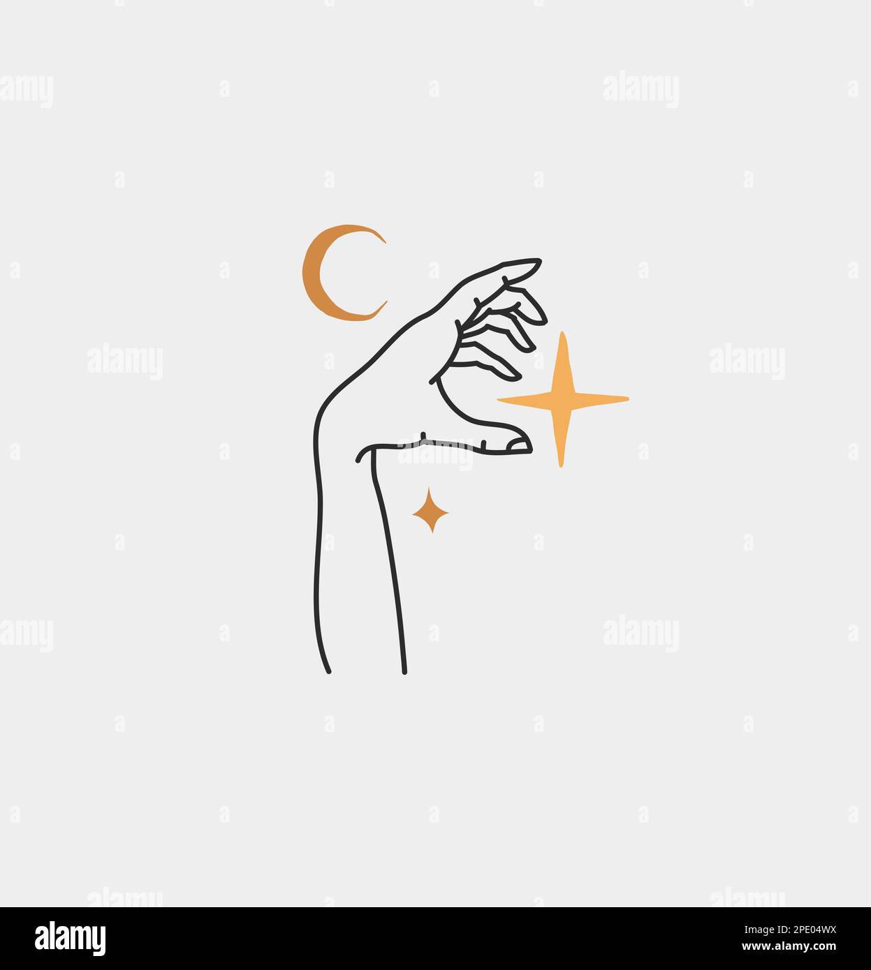 Dessin à la main vecteur résumé contour, graphique, art de ligne magie main humaine avec lune et étoiles logo dans le style minimaliste moderne.Lune et étoiles signe contour Illustration de Vecteur