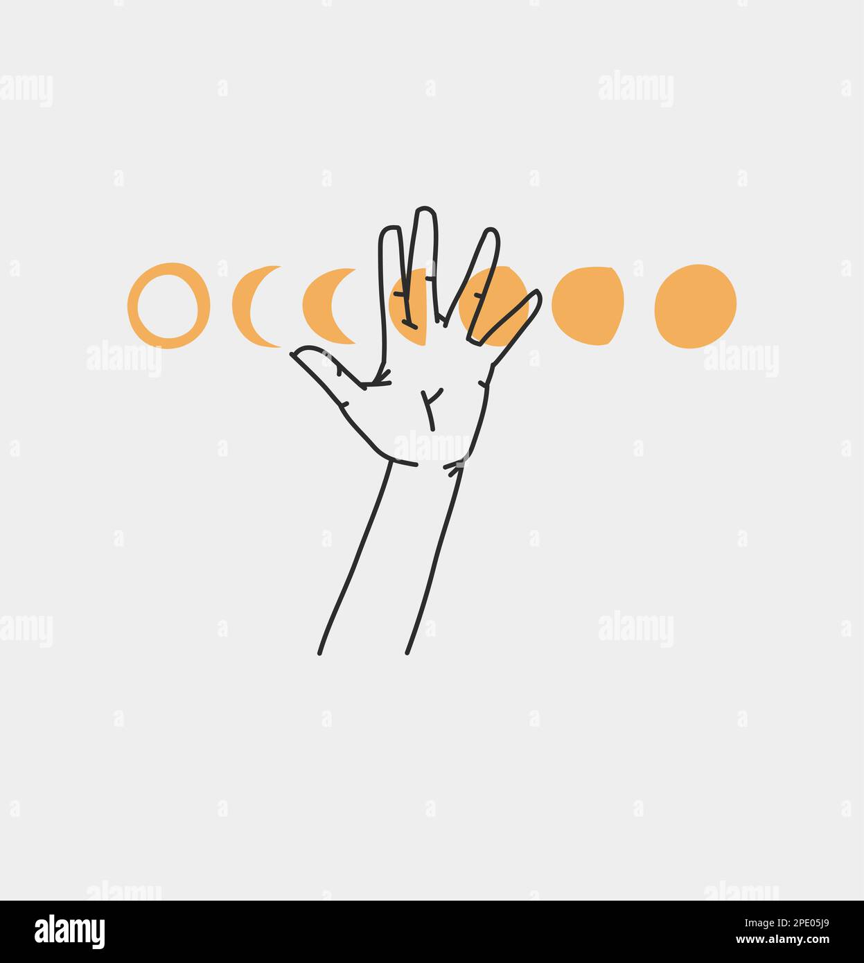 Dessin à la main vecteur résumé contour, graphique, art de ligne magie main humaine avec lune et étoiles logo dans le style minimaliste moderne.Lune et étoiles signe contour Illustration de Vecteur