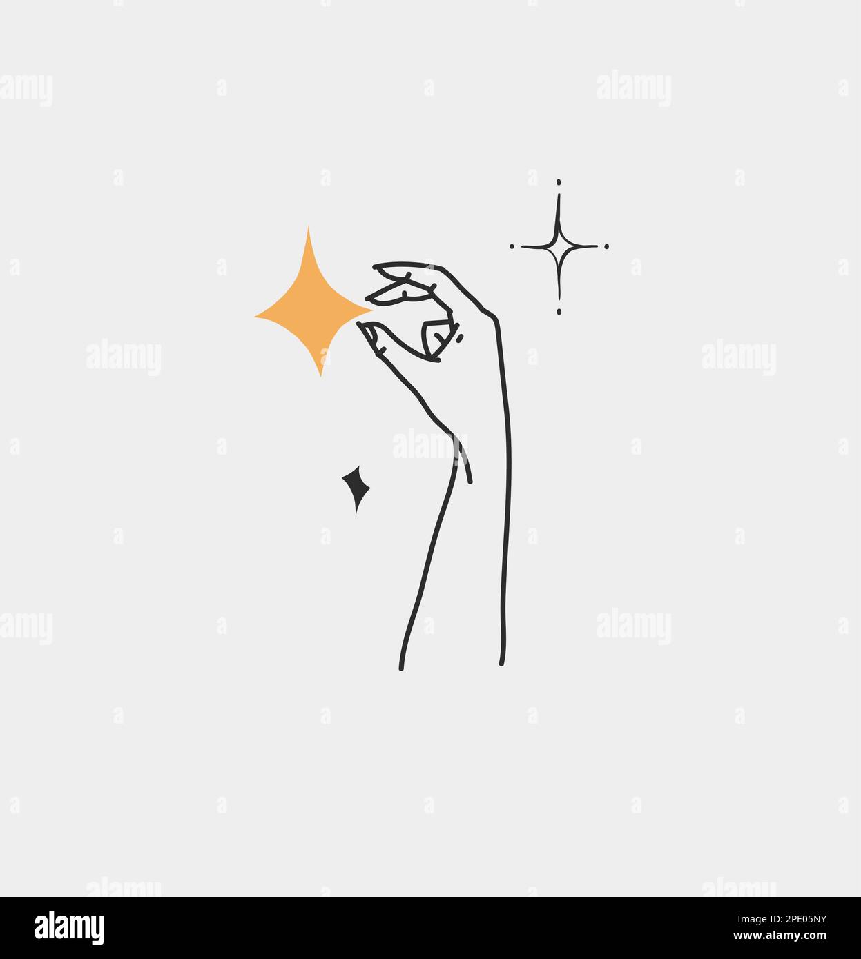 Dessin à la main vecteur résumé contour, graphique, art de ligne magie main humaine avec lune et étoiles logo dans le style minimaliste moderne.Lune et étoiles signe contour Illustration de Vecteur