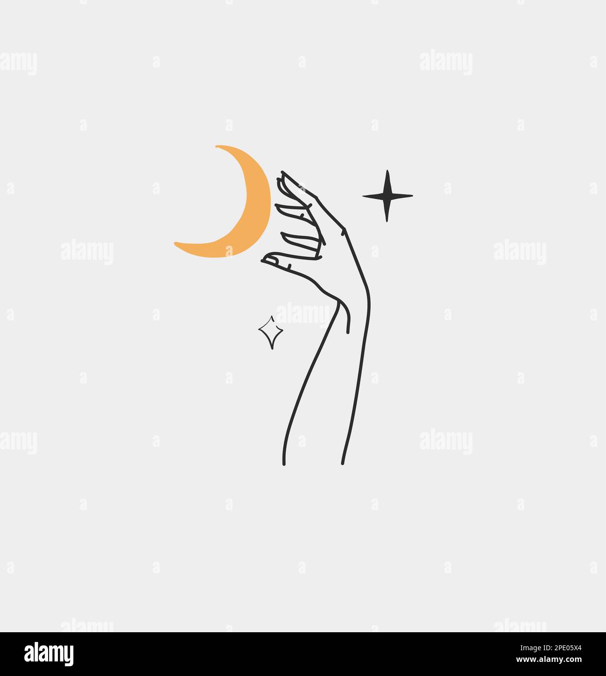 Dessin à la main vecteur résumé contour, graphique, art de ligne magie main humaine avec lune et étoiles logo dans le style minimaliste moderne.Lune et étoiles signe contour Illustration de Vecteur