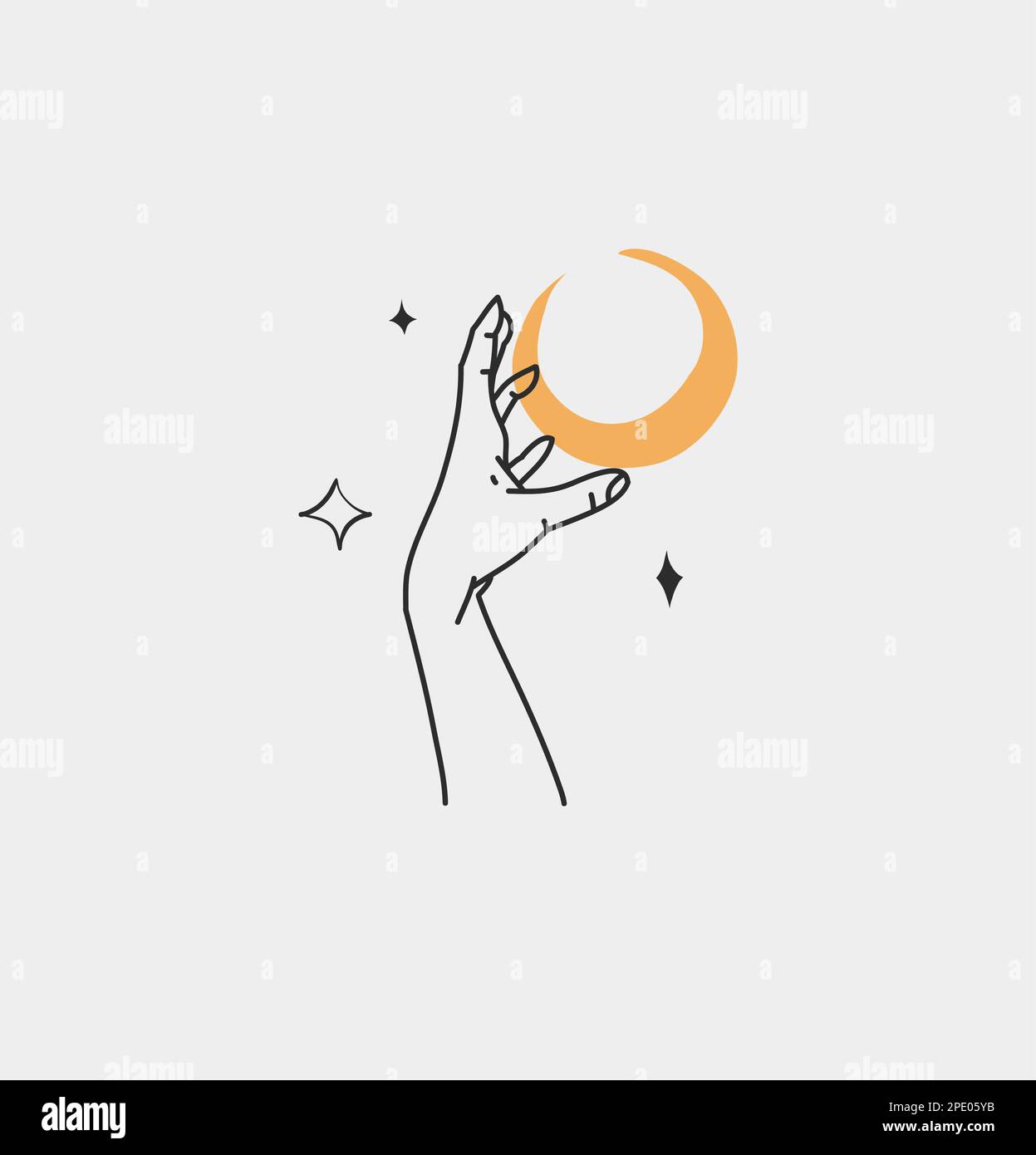 Dessin à la main vecteur résumé contour, graphique, art de ligne magie main humaine avec lune et étoiles logo dans le style minimaliste moderne.Lune et étoiles signe contour Illustration de Vecteur