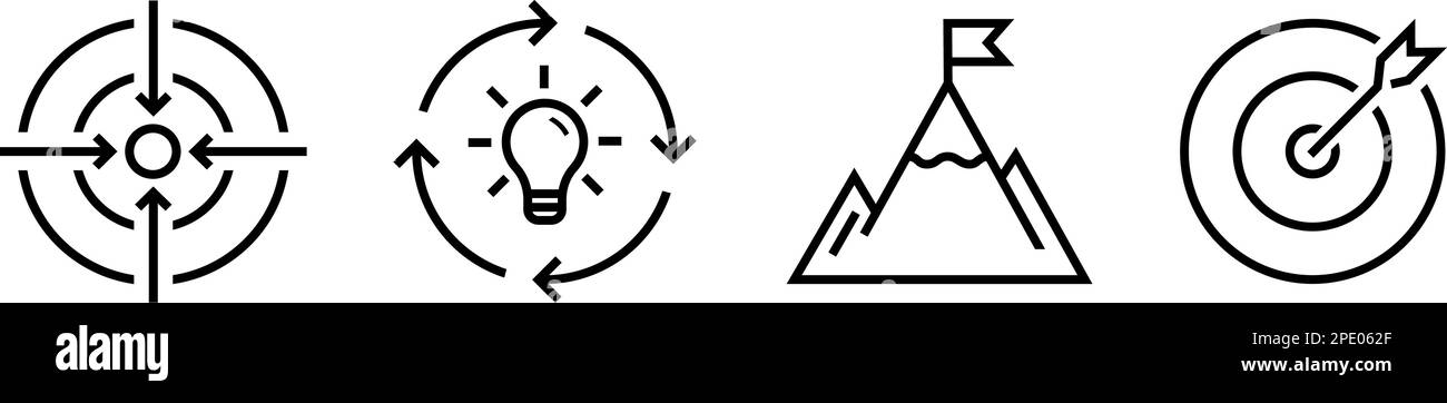 Icônes de stratégie d'entreprise linéaire pour l'accent personnel, la pensée créative et la pratique ciblée Illustration de Vecteur