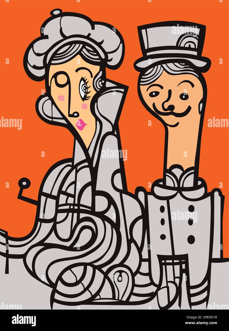 Illustration de l'anglais britannique européen mi-âge stylisé couple heureux homme et femme en costumes rétro vintage avec des chapeaux sur l'art mural de couleur orange Illustration de Vecteur