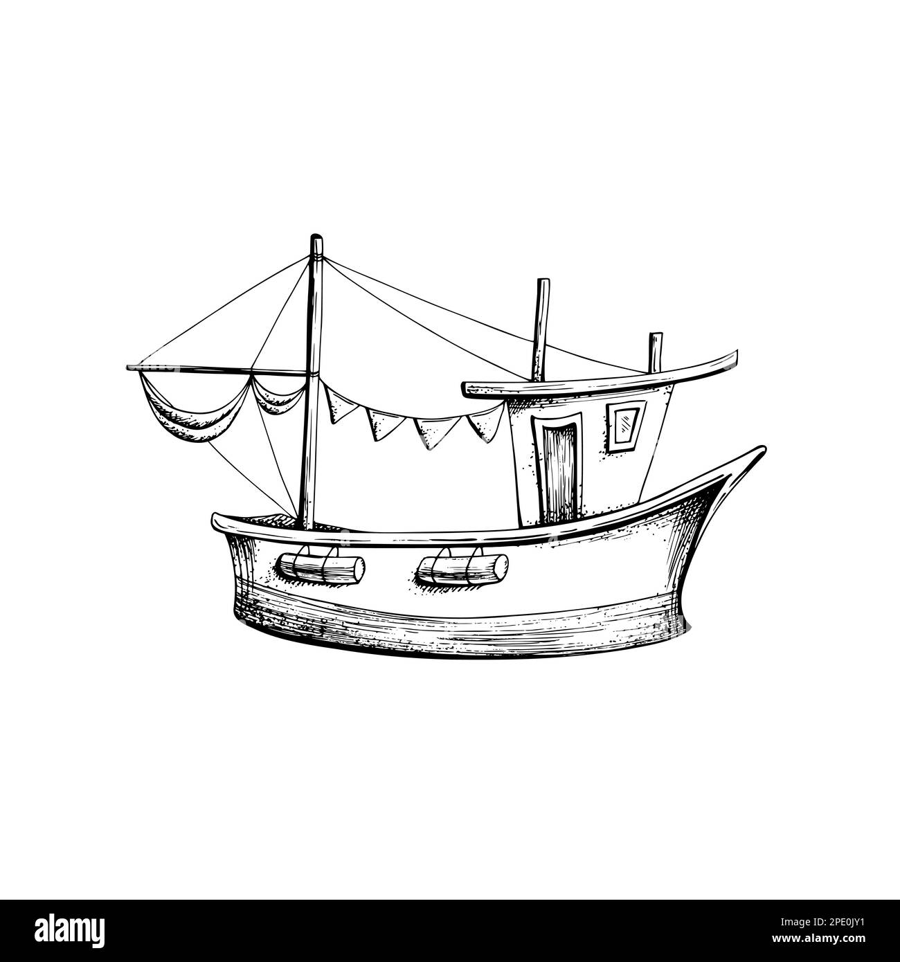 Un petit bateau avec un mât et des voiles pliées. Objet isolé dessiné à la main dans la technique graphique. Illustration vectorielle pour l'été, le marin et la plage Illustration de Vecteur