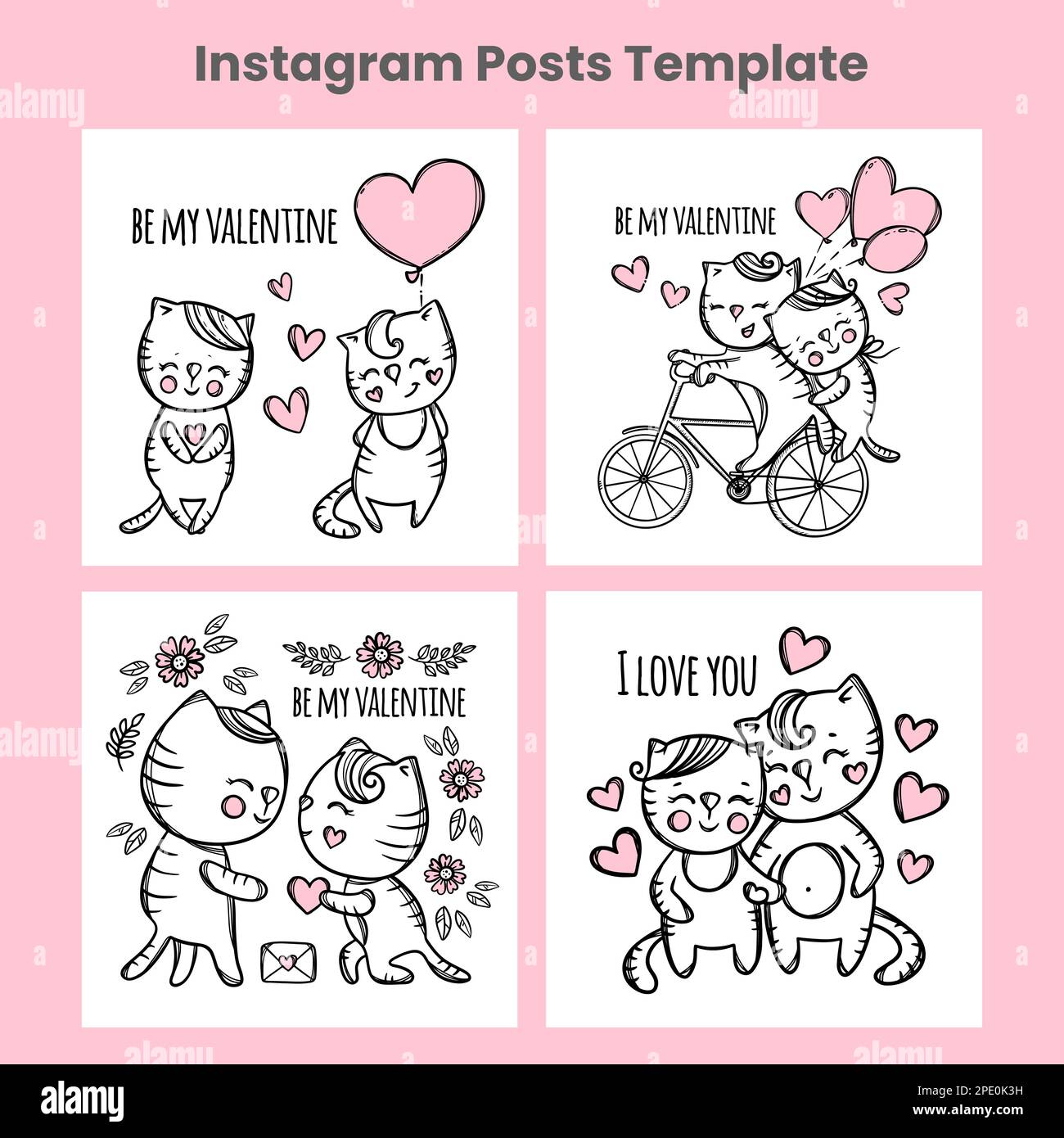 VALENTINE SOCIAL MEDIA Post Cartoon Square Templates Happy Loving Cats main Fly Rouge coeurs félicitant texte dessiné à la main Illustration vectorielle Illustration de Vecteur