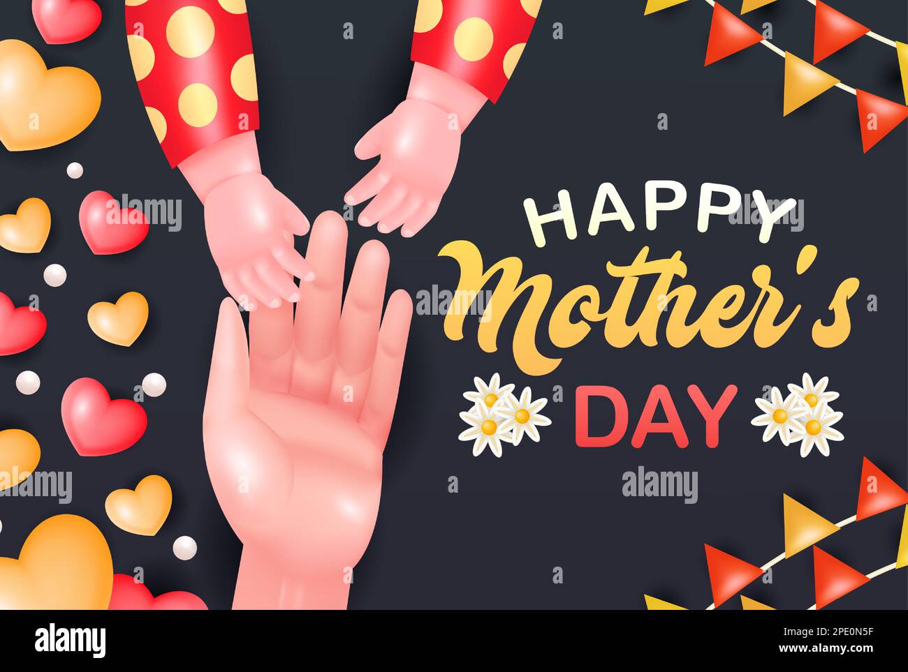 Bonne fête des mères, 3D vecteur de mains de mère et de bébé avec amour et ornements de fleur Illustration de Vecteur