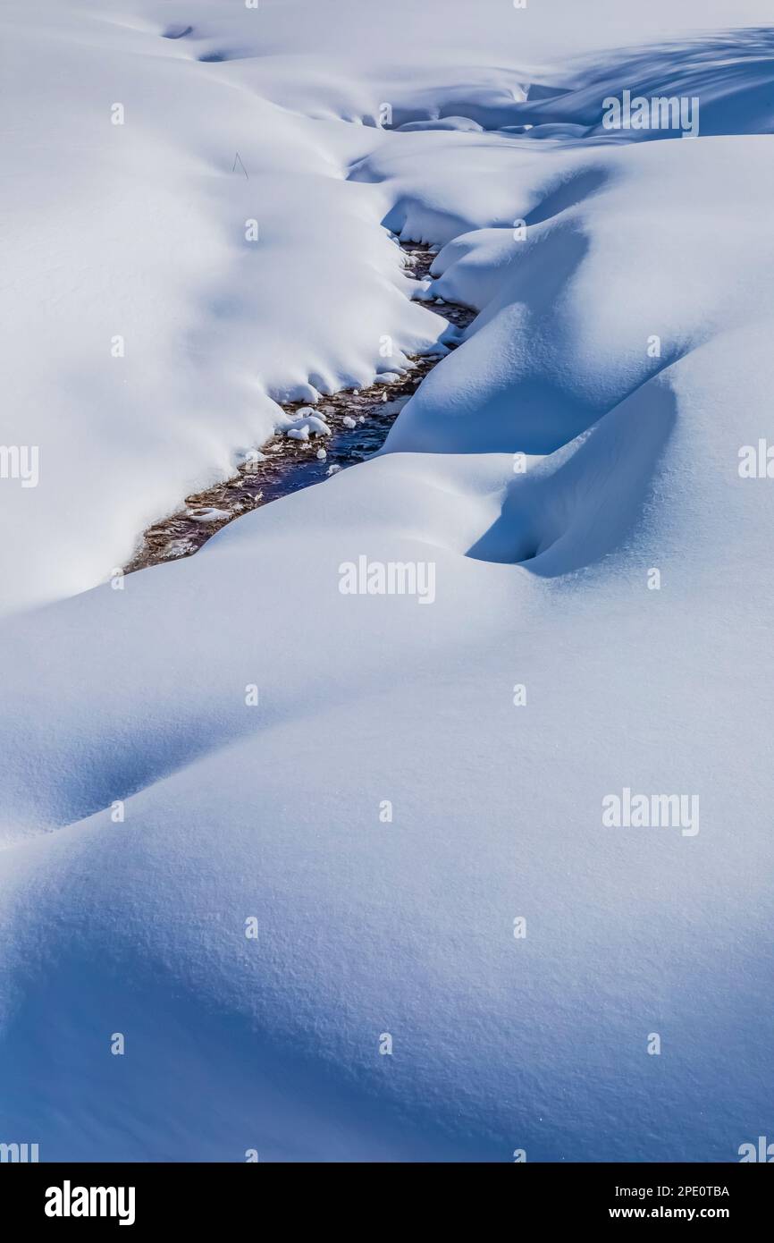 Petit ruisseau et neige fraîche le long des pistes de ski de Munising à Pictured Rocks National Lakeshore, Munising, Upper Peninsula, Michigan, États-Unis Banque D'Images