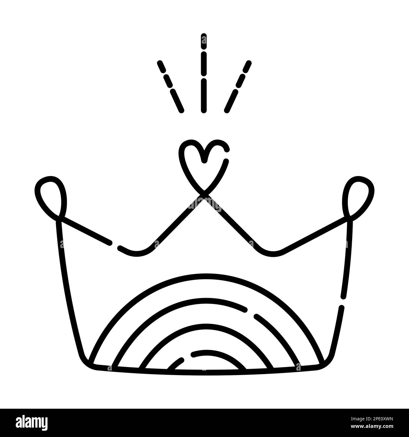 Jolie couronne avec arc-en-ciel et coeur, illustration de ligne noire dans un style minimaliste simple Illustration de Vecteur
