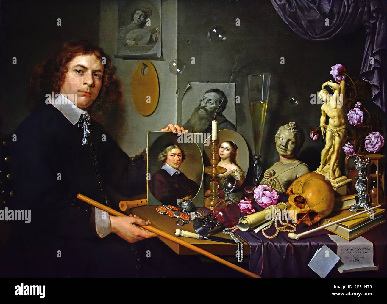 Vanitas a encore une vie avec un autoportrait du jeune peintre David Bailly (1584–1657) était un peintre hollandais de l'âge d'or. Musée des beaux-arts, Leiden, Lakenhal, pays-Bas, Hollande, Néerlandais, peintre de l'âge d'or. Banque D'Images