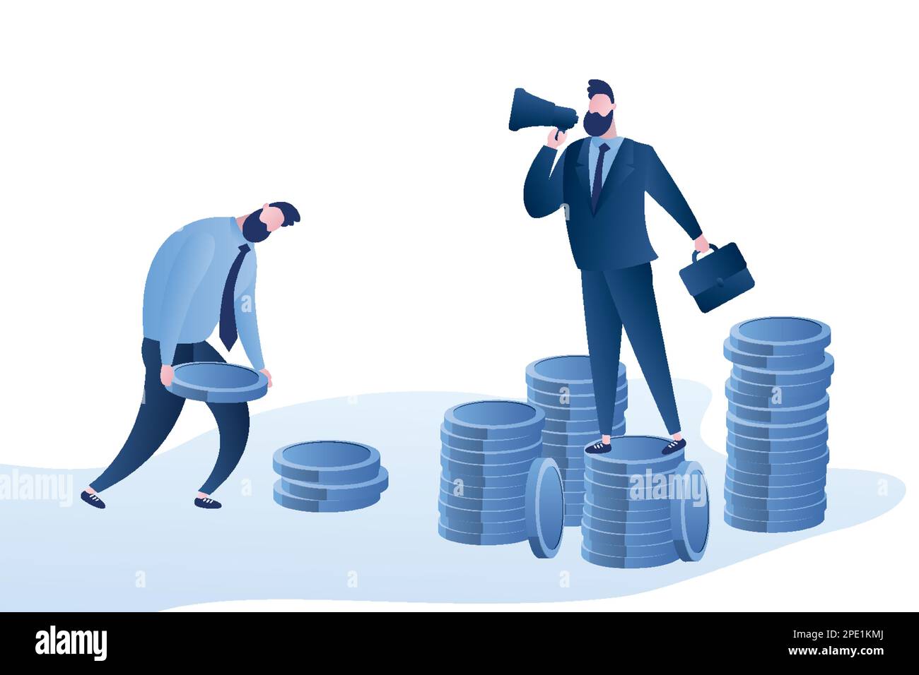 Patron d'homme d'affaires debout sur des piles de pièces de monnaie et employé malheureux porte coins.Company concept de relations, bas salaire et l'esclavage d'affaires. Tendance Illustration de Vecteur