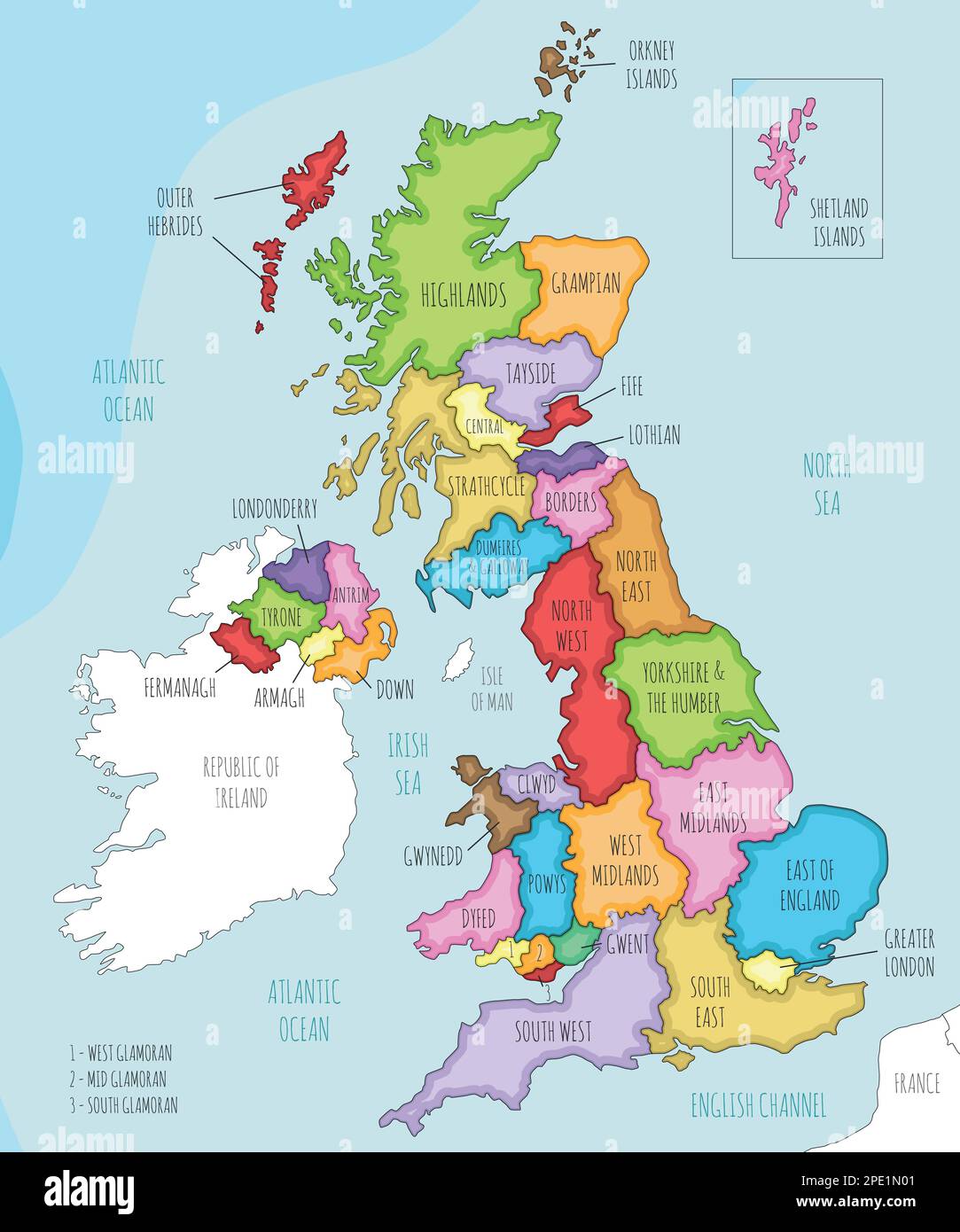Carte vectorielle illustrée du Royaume-Uni avec divisions administratives et pays voisins. Calques modifiables et clairement étiquetés. Illustration de Vecteur