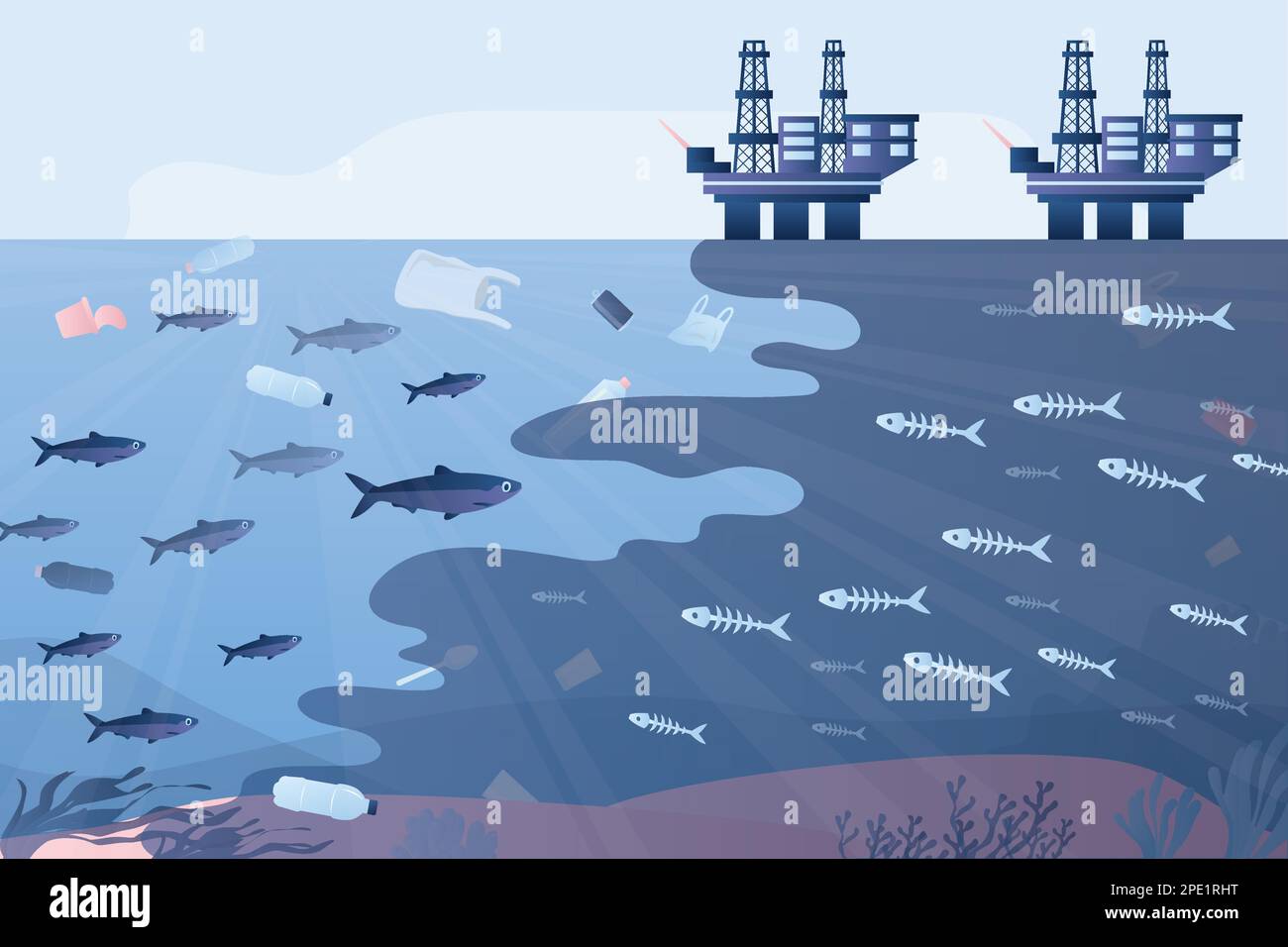 Modèle de carte de pollution océanique. Plates-formes pétrolières offshore et faune sous-marine. Les poissons vivants et morts nagent dans l'eau polluée. Illustration du vecteur plat. Illustration de Vecteur