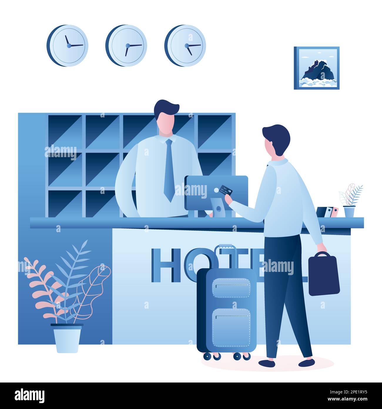 Intérieur du bureau de réception de l'hôtel. Un réceptionniste parle avec un touriste. Homme d'affaires avec bagages et employé de l'hôtel qui parle dans le hall. Style tendance ve Illustration de Vecteur