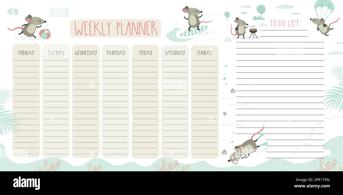 Planificateur hebdomadaire et liste des choses à faire avec de mignons rats, adorables animaux sauvages. 2020 symboles d'année. Page modèle. Illustration vectorielle Doodle dessinée à la main. Illustration de Vecteur
