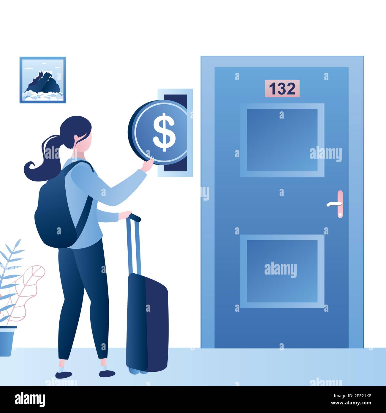 Femme touriste avec une valise et une pièce près de la porte fermée. Paiement pour une chambre ou des appartements réservés. Intérieur du hall d'hôtel. Caractère féminin dans un style tendance Illustration de Vecteur