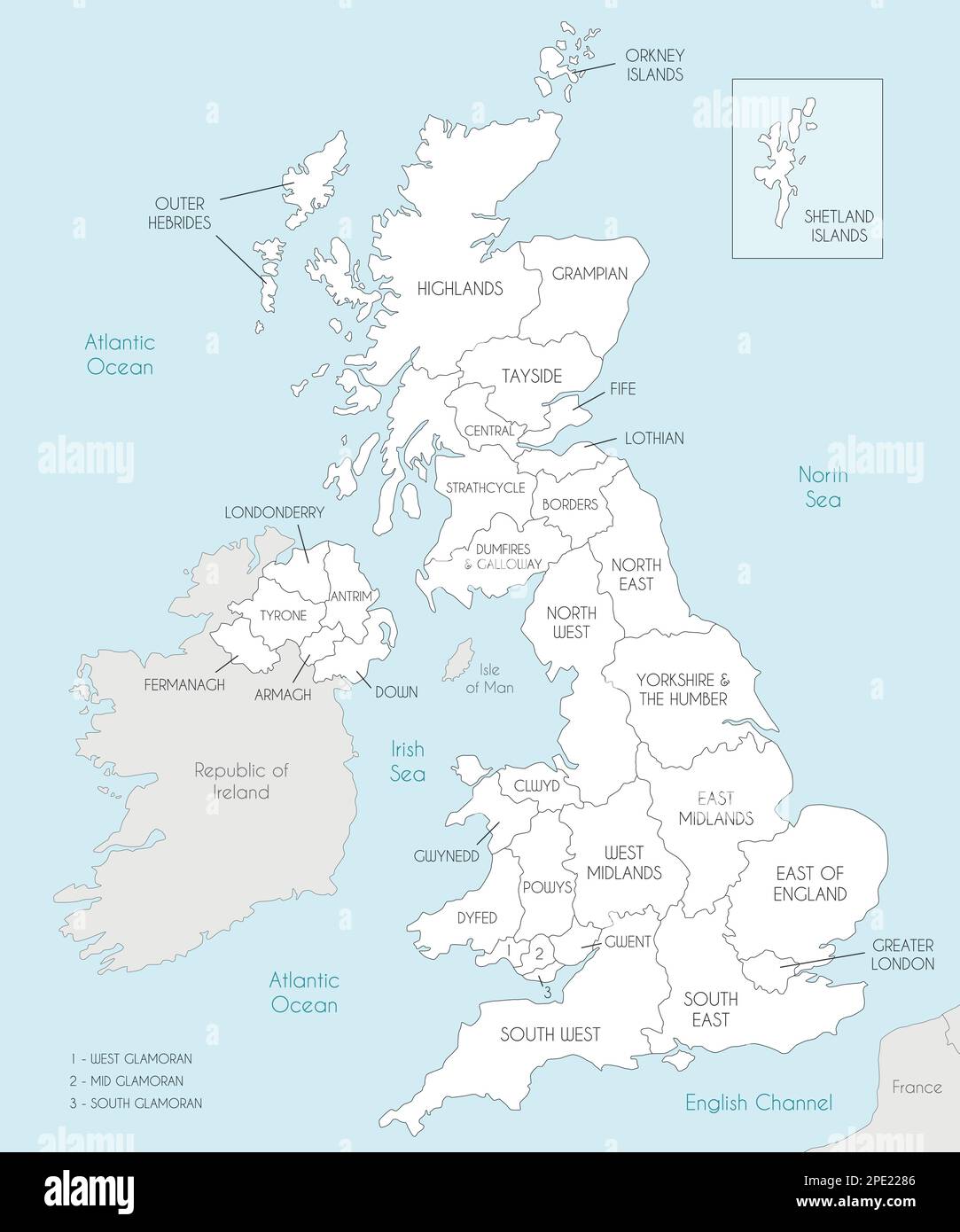Carte vectorielle du Royaume-Uni avec divisions administratives et pays voisins. Calques modifiables et clairement étiquetés. Illustration de Vecteur