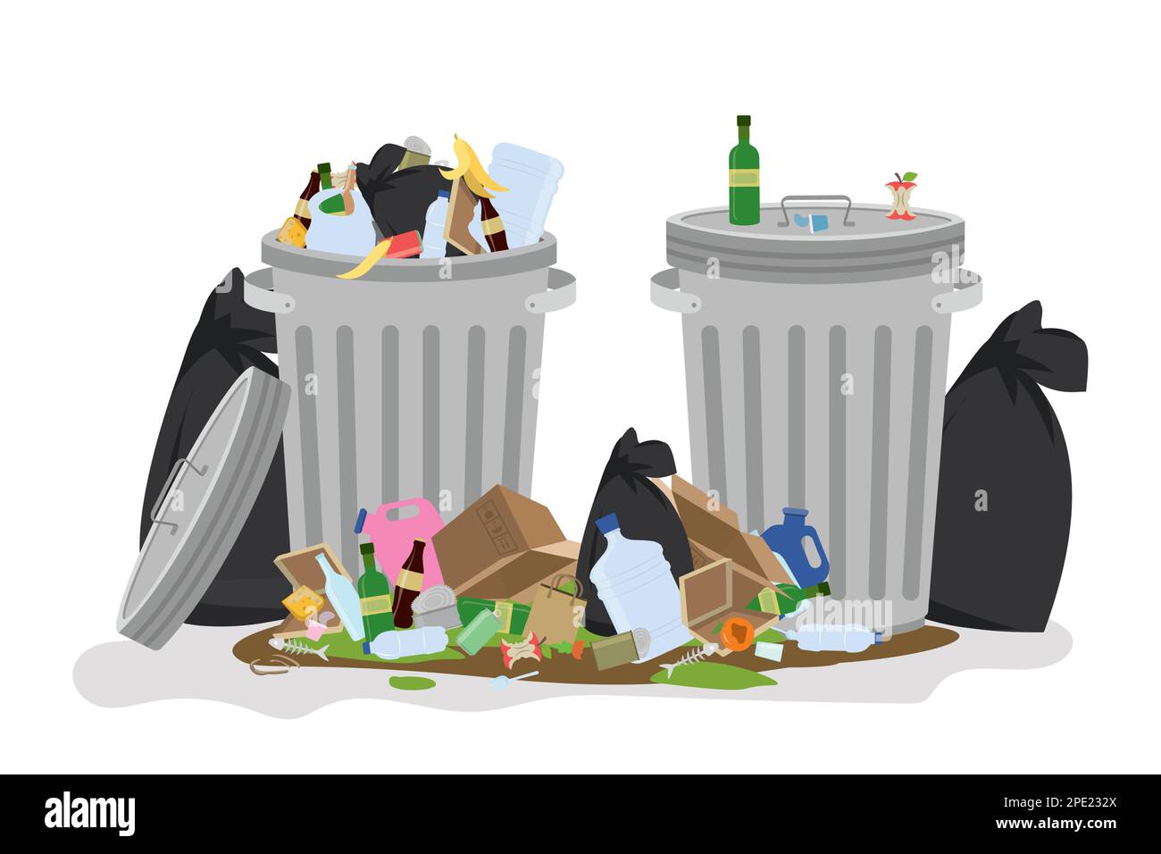 Deux poubelles métalliques avec piles de déchets. Déchets sales et sacs à ordures sur le sol.isolé sur fond blanc. Illustration vectorielle de dessin animé Illustration de Vecteur