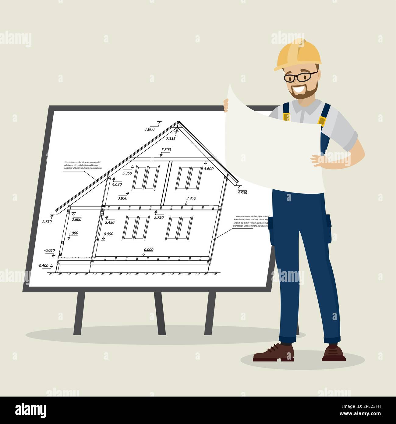 Ingénieur ou architecte avec le papier de projet en main. Conseil avec plan de maison ou plan sur fond. Personnage masculin de dessin animé. Illustration vectorielle plate Illustration de Vecteur