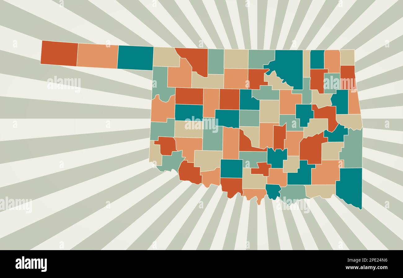 Oklahoma carte. Affiche avec carte de l'état américain dans la palette de couleurs rétro. Forme de l'Oklahoma avec fond de rayons de soleil. Illustration vectorielle. Illustration de Vecteur