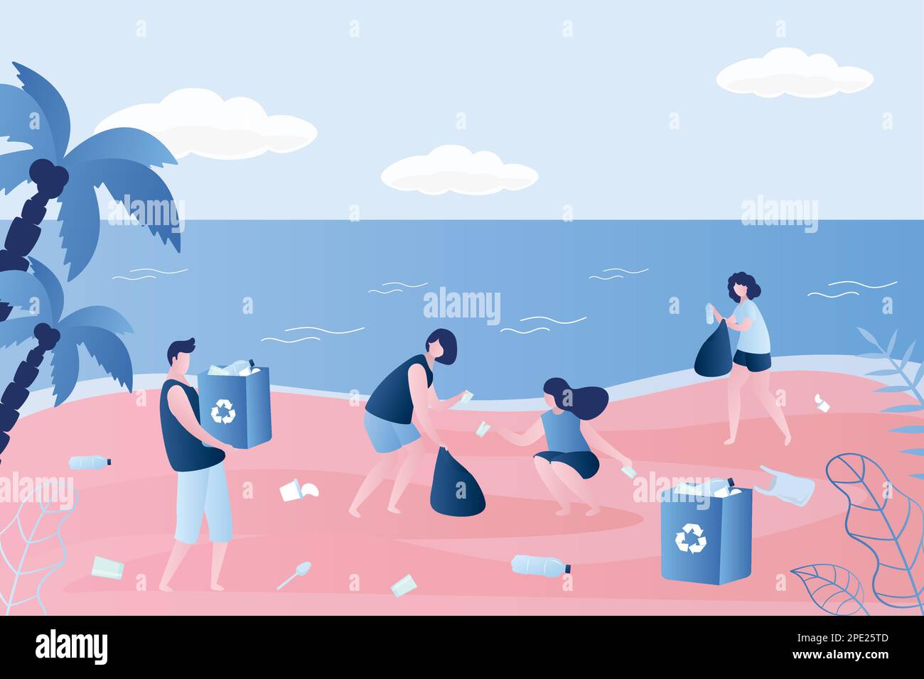 Des bénévoles nettoient les ordures sur la plage. Bénévolat, homme et femme ramassant des déchets sur la côte ou en bord de mer. Illustration vectorielle de style tendance Illustration de Vecteur