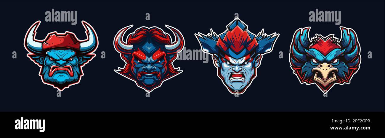 Collection de têtes d'animaux de dessin animé, logo sport rouge et bleu avec contour blanc. Visage en colère de personnages de taureau, de géant, d'aviateur et d'aigle. Équipe sportive Illustration de Vecteur