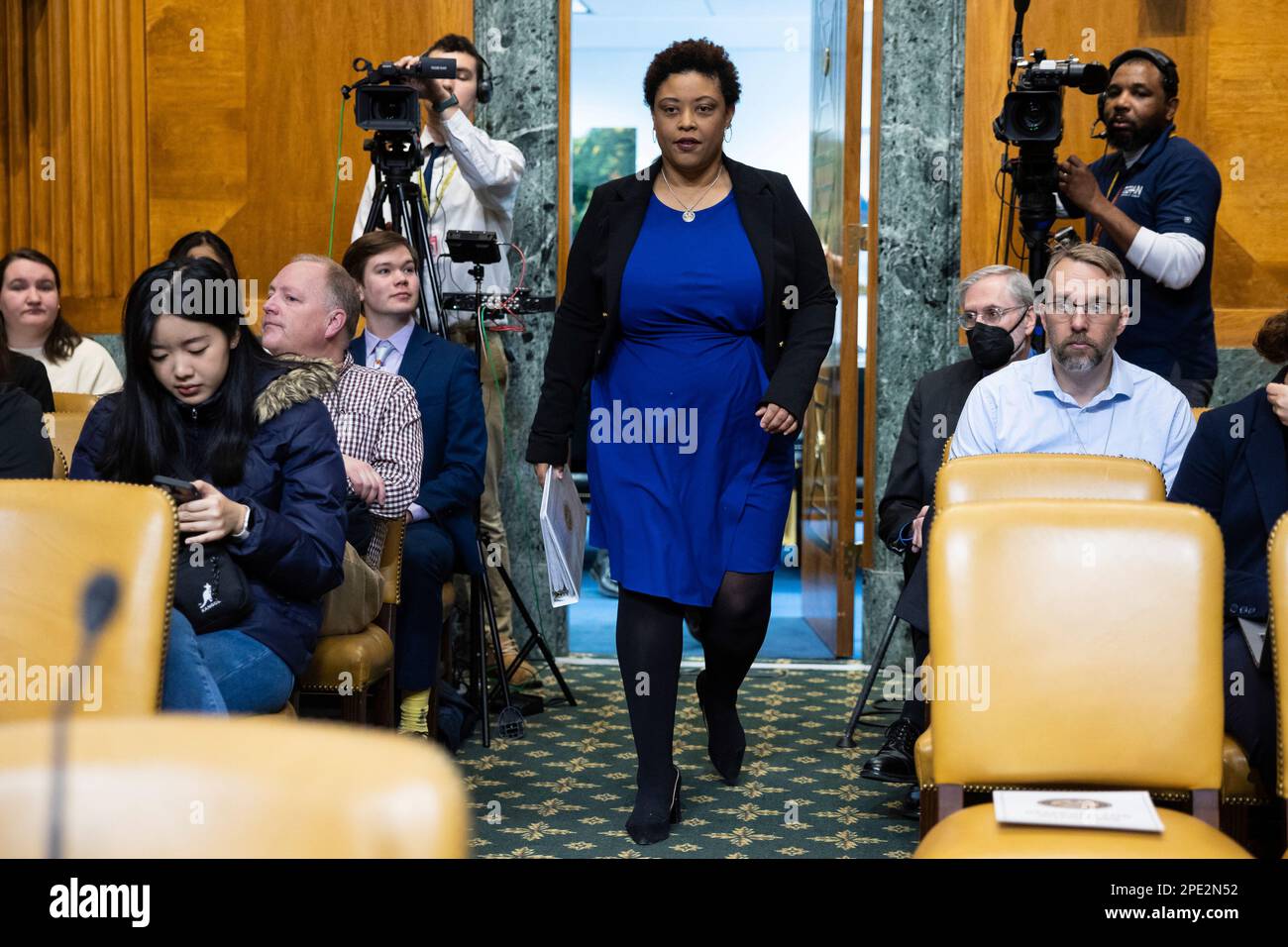 Office of Management and Budget Director Shalanda Young arrives to testify during a Senate Budget Committee hearing on President Biden's fiscal year 2024 budget request on Capitol Hill March 15, 2023. (Francis Chung/POLITICO via AP Images) Banque D'Images