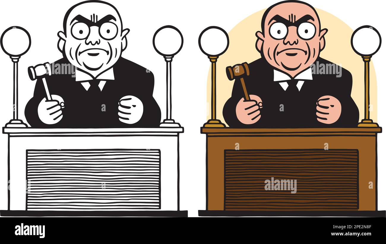 Une caricature rétro vintage d'un juge assis à la table avec son gavel. Illustration de Vecteur