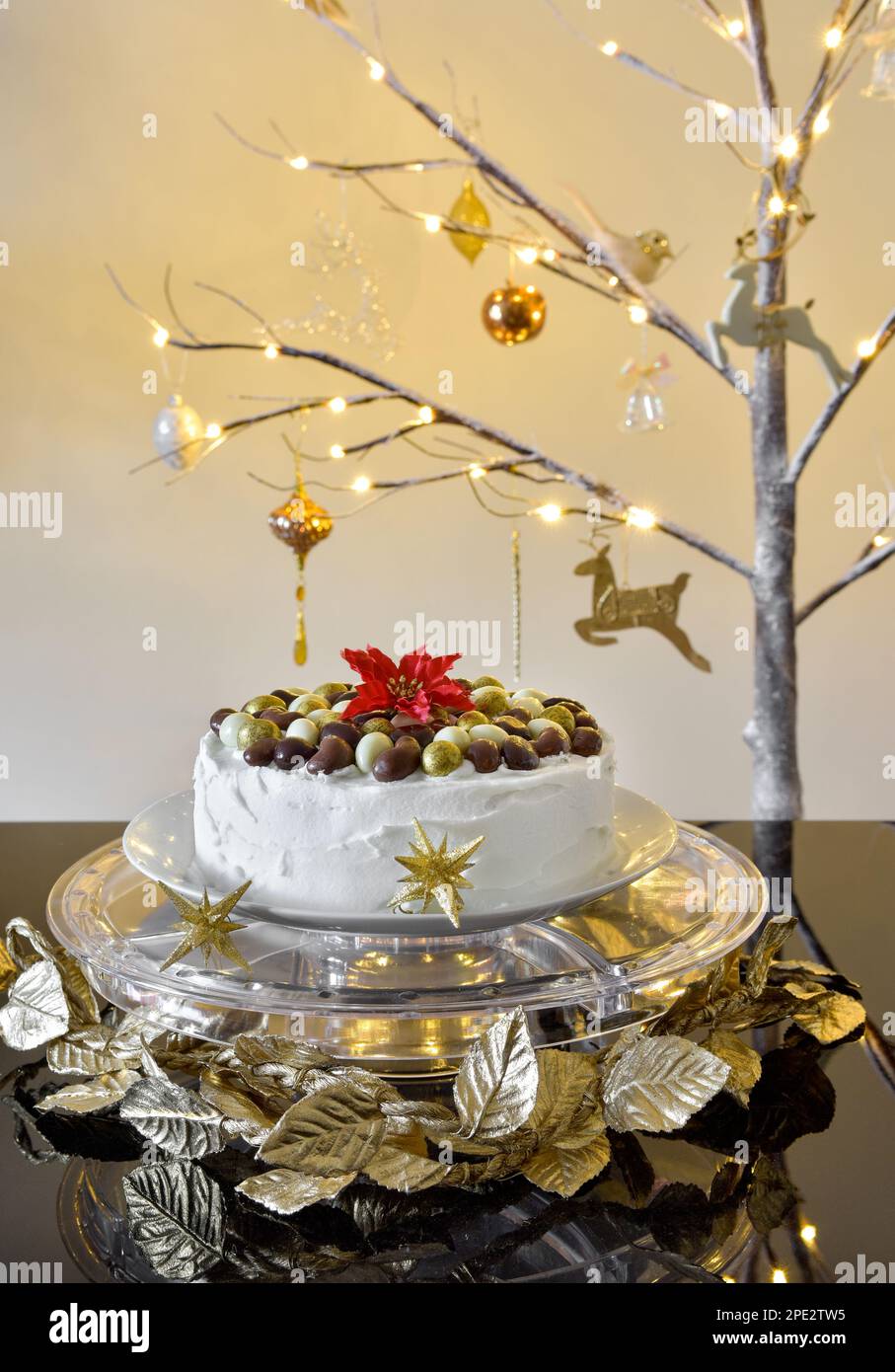 Gâteau de Noël glacé avec noix de chocolat sur le dessus du support à gâteau transparent avec une branche lumineuse arbre de Noël dans le fond Banque D'Images