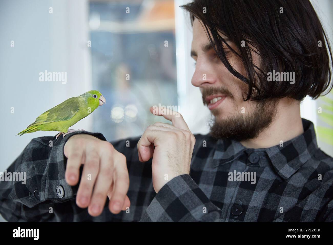 Un jeune homme interagit avec un perroquet d'animal de compagnie. Banque D'Images