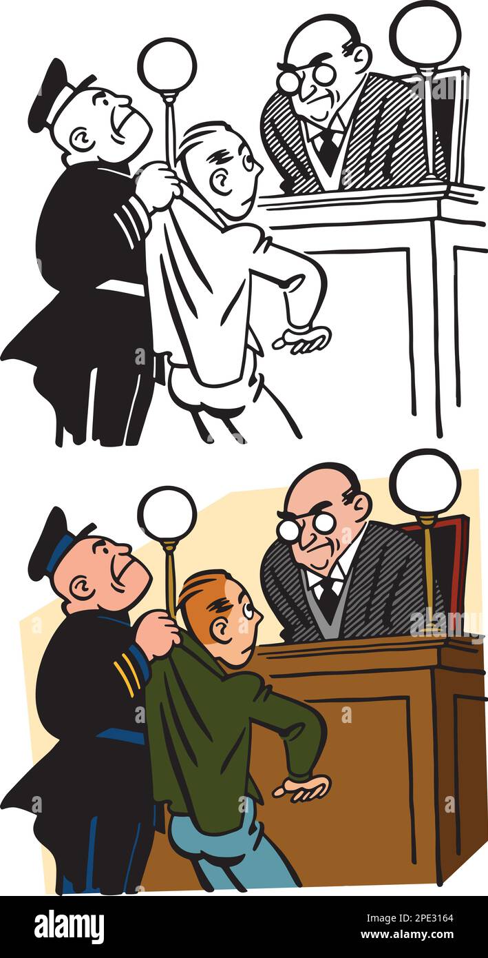 Une caricature rétro d'un criminel accusé présentée devant un juge par un policier. Illustration de Vecteur