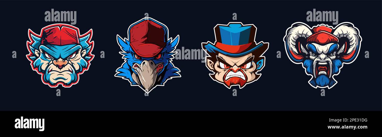 Collection de têtes d'animaux de dessin animé, logo sport rouge et bleu avec contour blanc. Visage en colère de blazer, de couguar, de rapaleur et de personnages de bélier. Équipe sportive Illustration de Vecteur