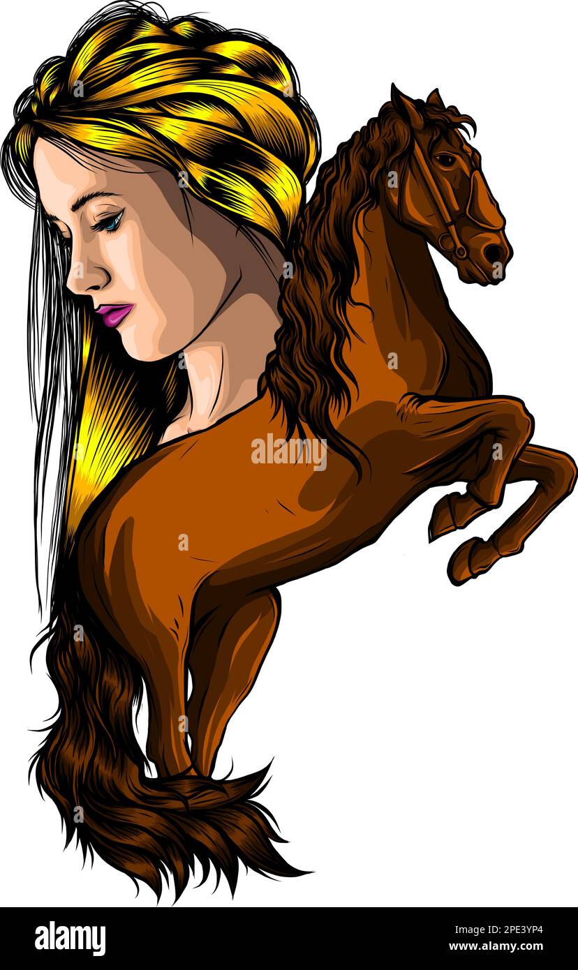 Femme et cheval. Jeune femme caressant un cheval. Beauté avec le cheval. Illustration de Vecteur