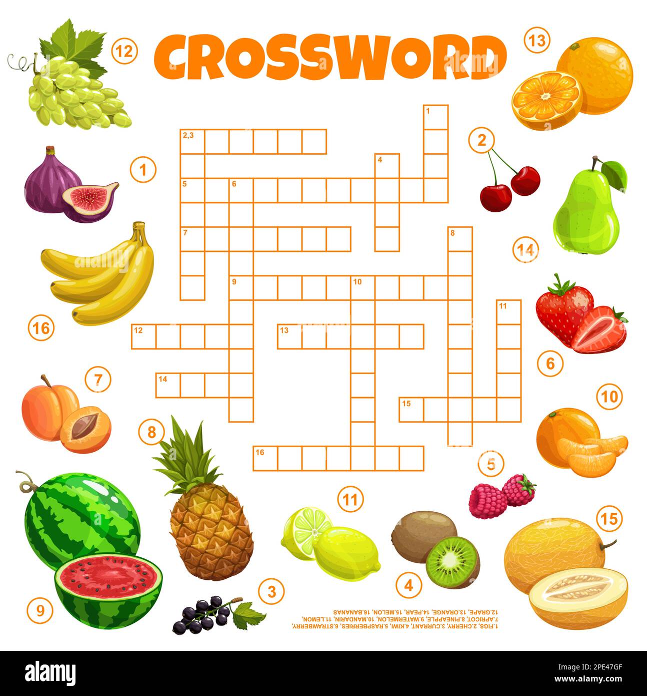 Grille de mots croisés fruits et baies de ferme crus. Trouvez un jeu de